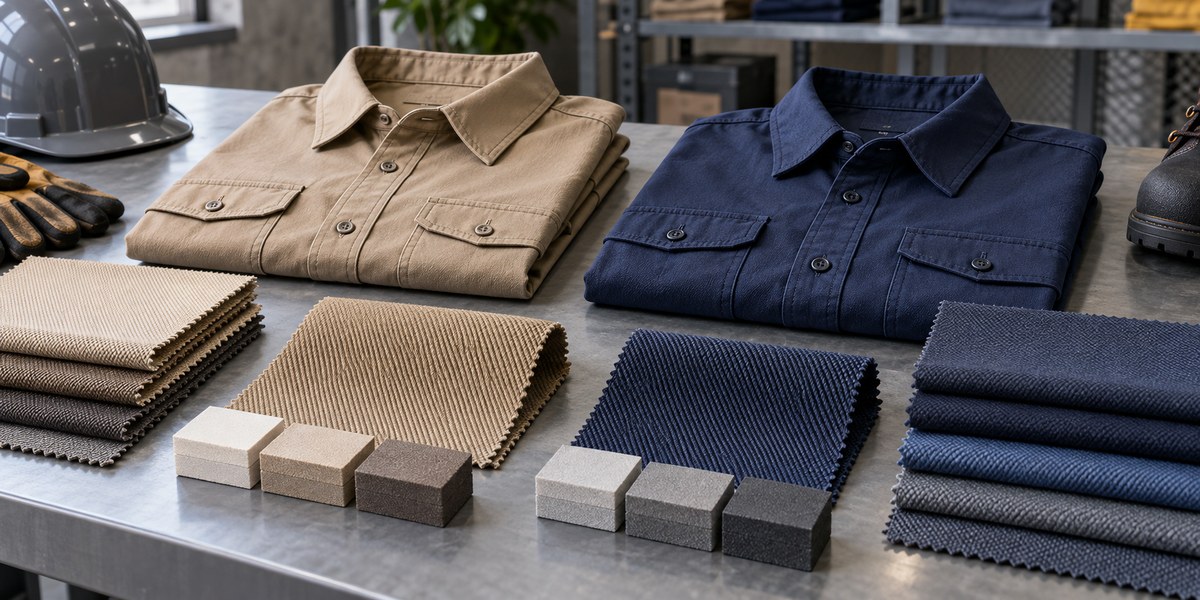 Blue twill construction work uniform shirt and trousers