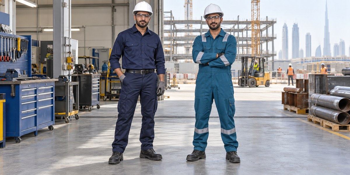 Petrol blue industrial coverall for UAE construction maintenance staff
