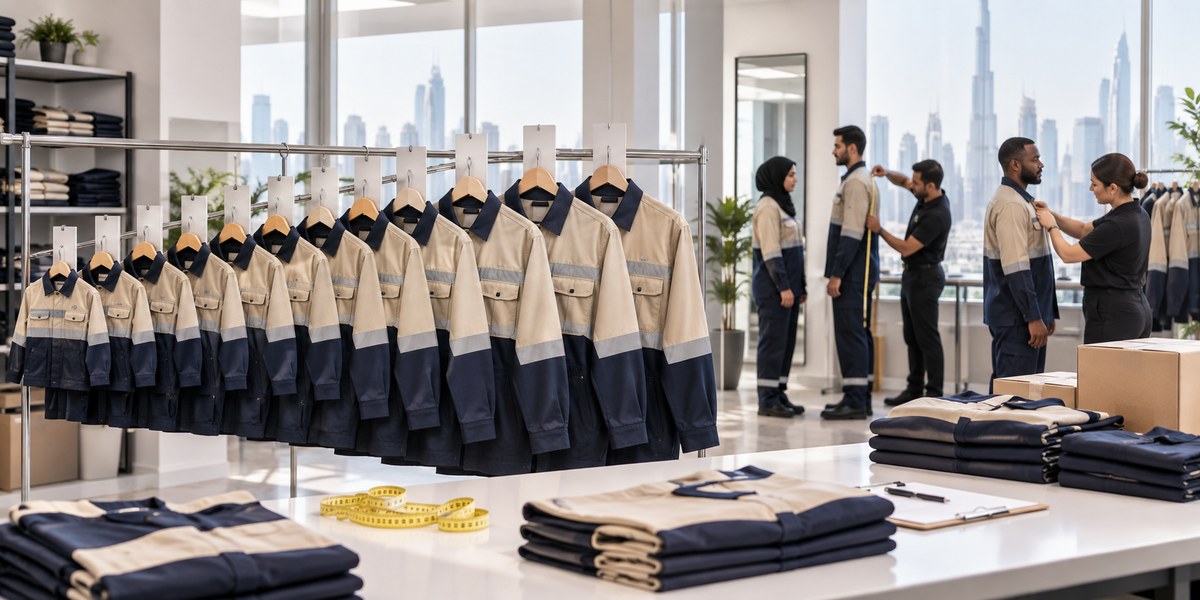 Beige construction work uniform set for Dubai company staff