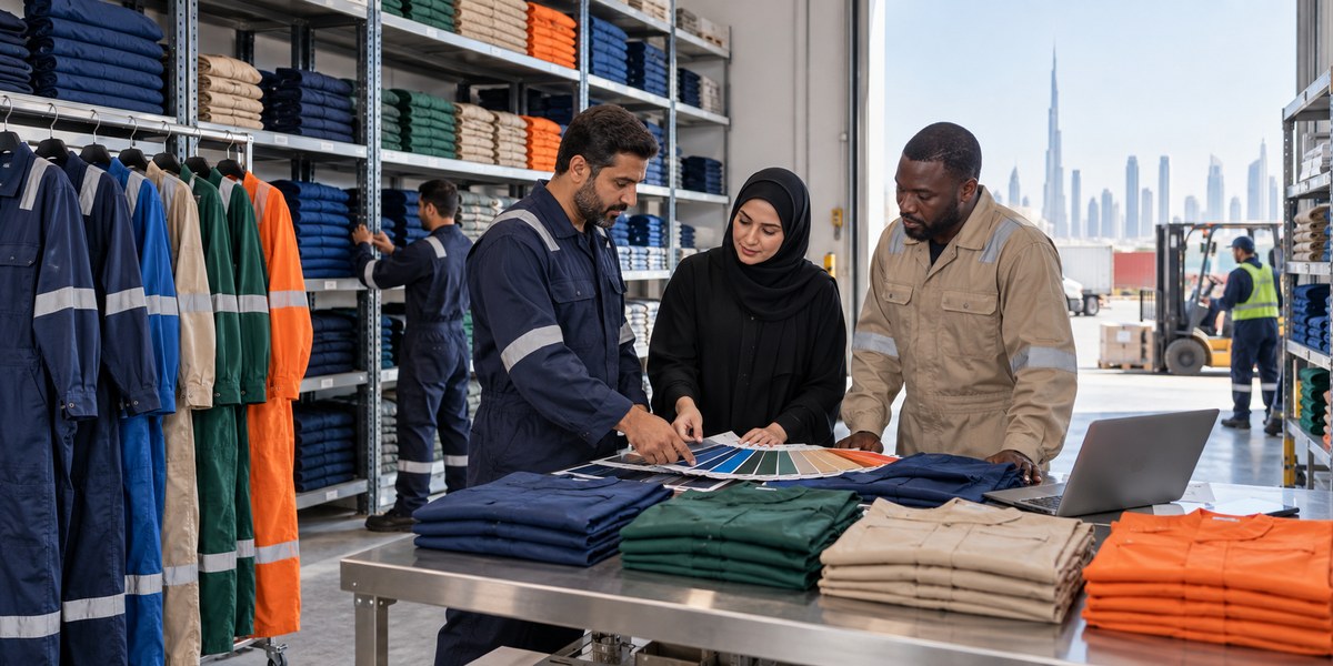 Beige technical work coat for repeat uniform orders in Dubai