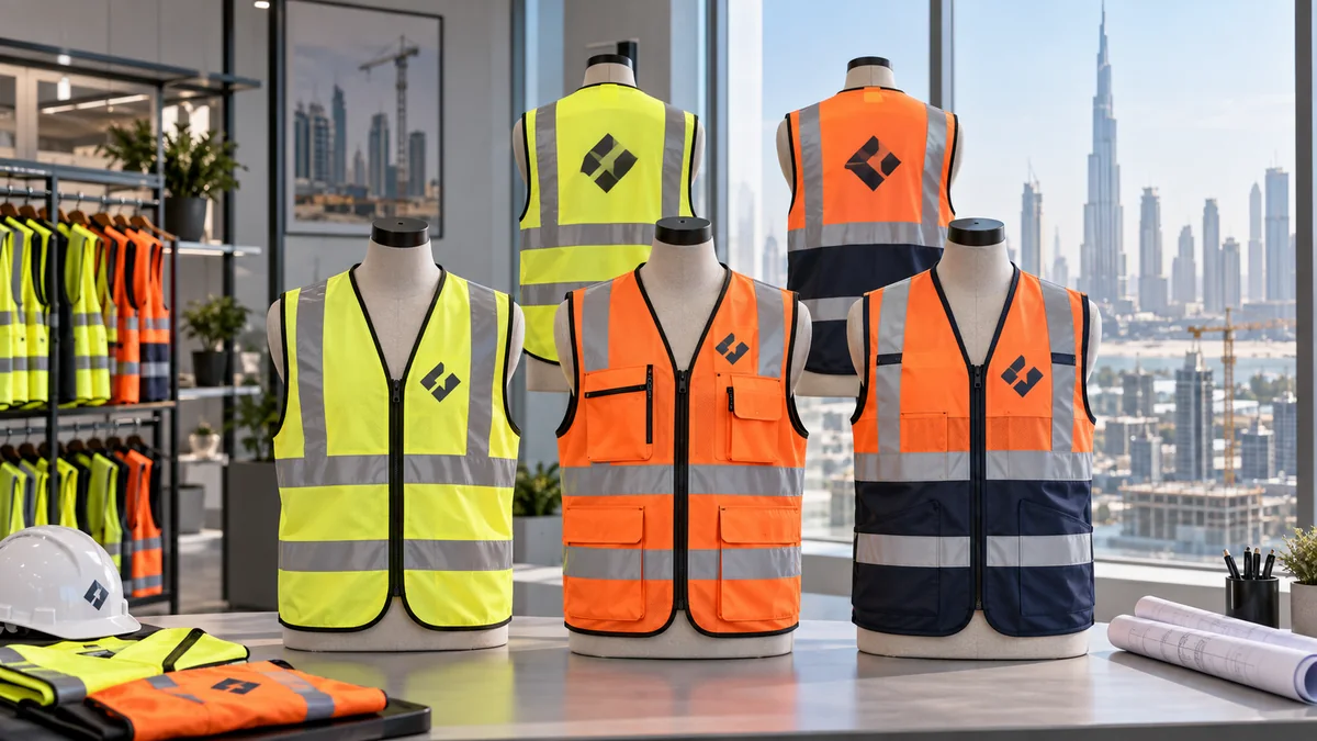 Custom reflective safety vests prepared for company logo printing in Dubai