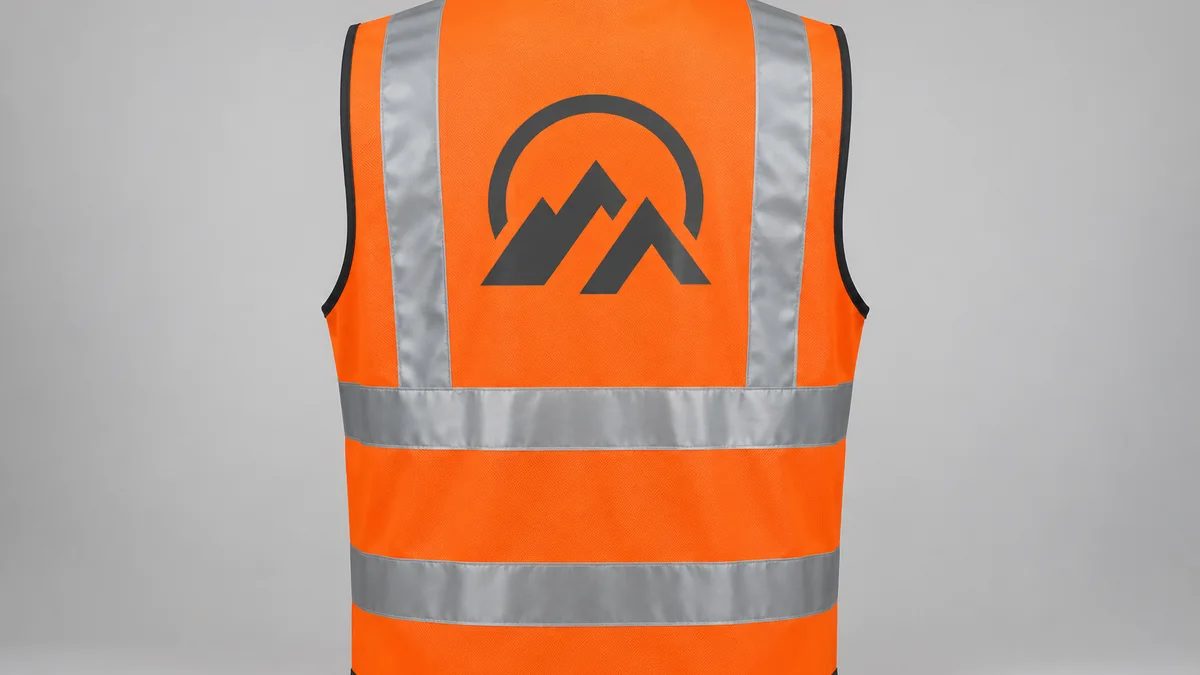 Orange reflective safety vest showing a clear back branding area