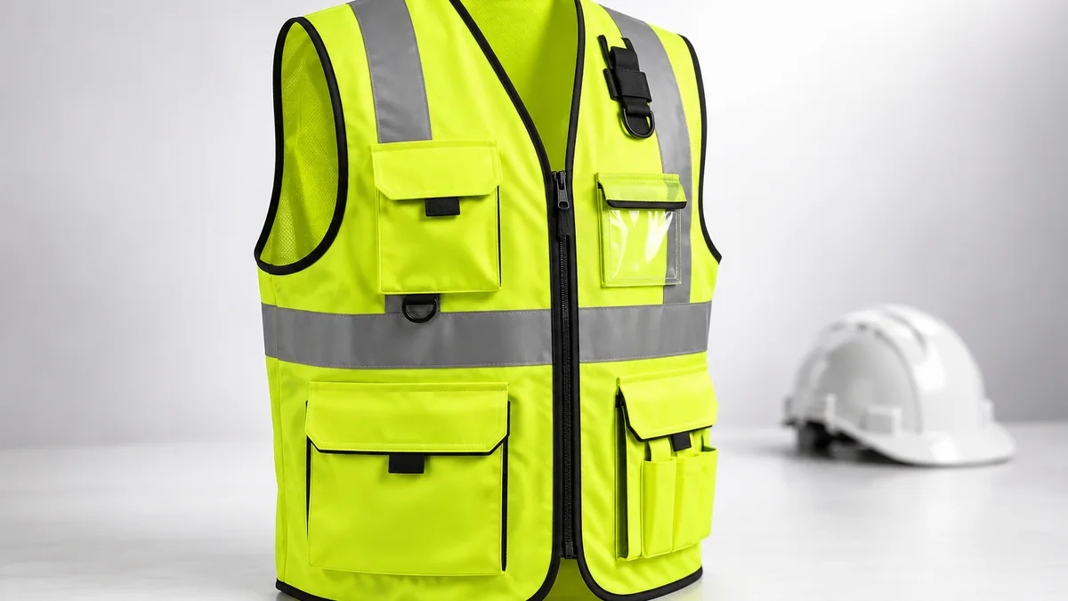 Yellow zipper safety vest with utility pockets