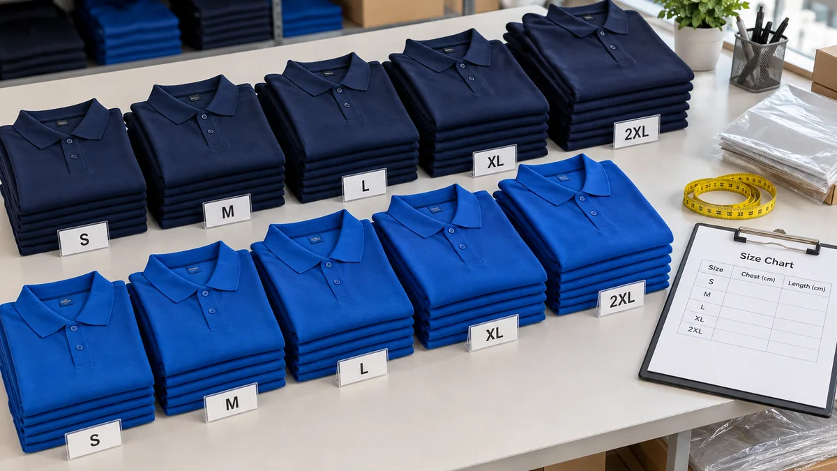 Company polo shirts arranged by size for a UAE bulk order