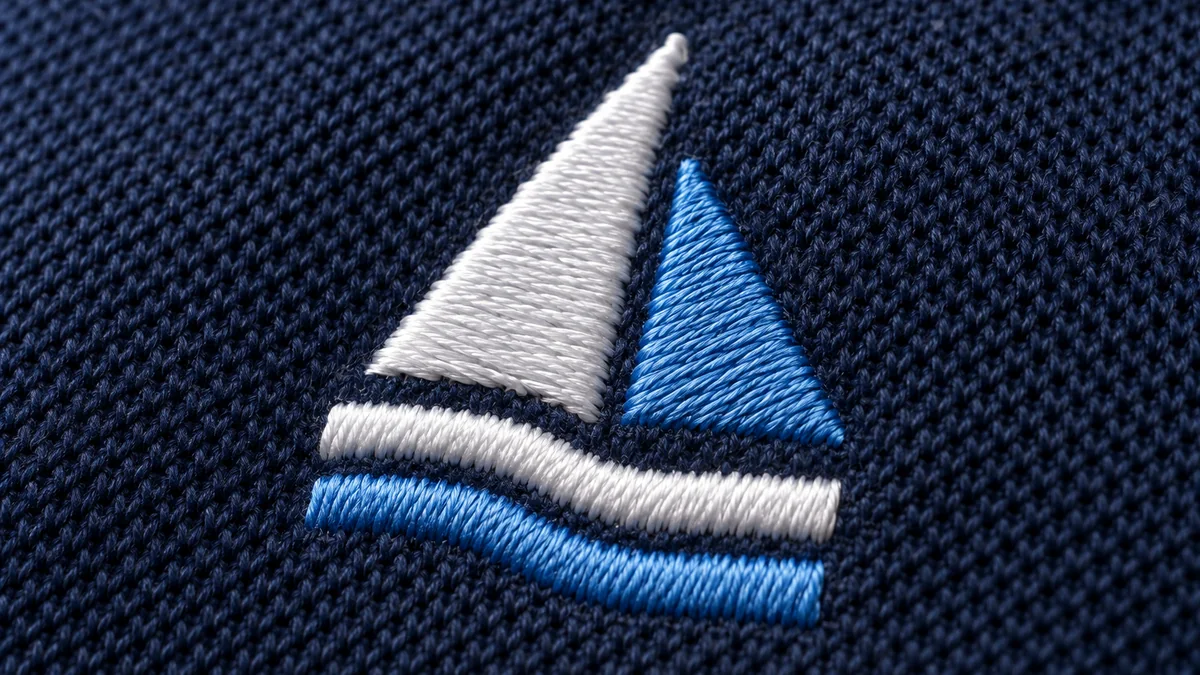Close-up of clean embroidered logo stitches on navy polo fabric