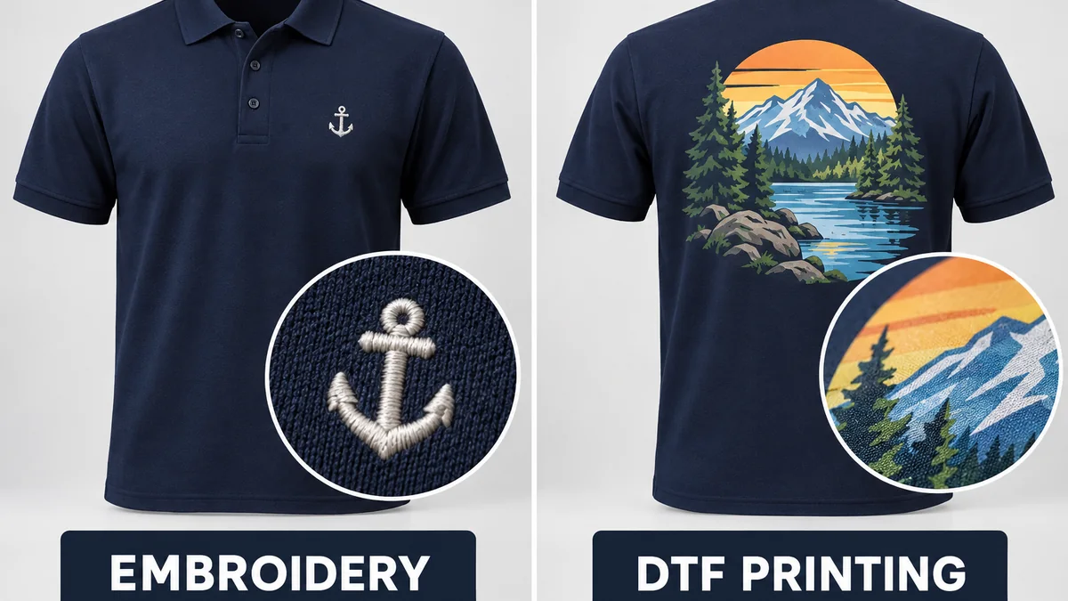Embroidery and DTF printing compared on polo shirts