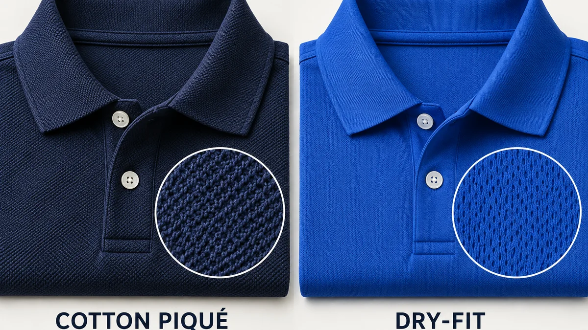Cotton piqué and dry-fit polo shirt fabric texture comparison