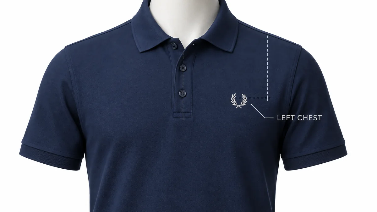 Balanced left chest embroidery placement on a company polo shirt