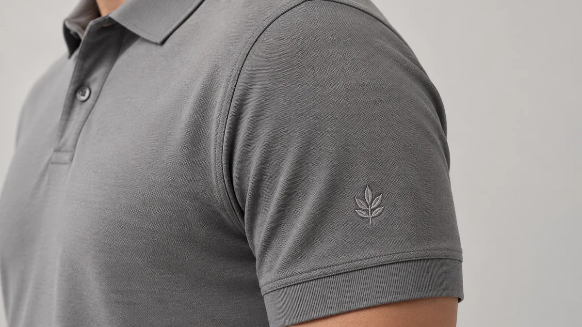 Secondary logo embroidery placed on a polo shirt sleeve