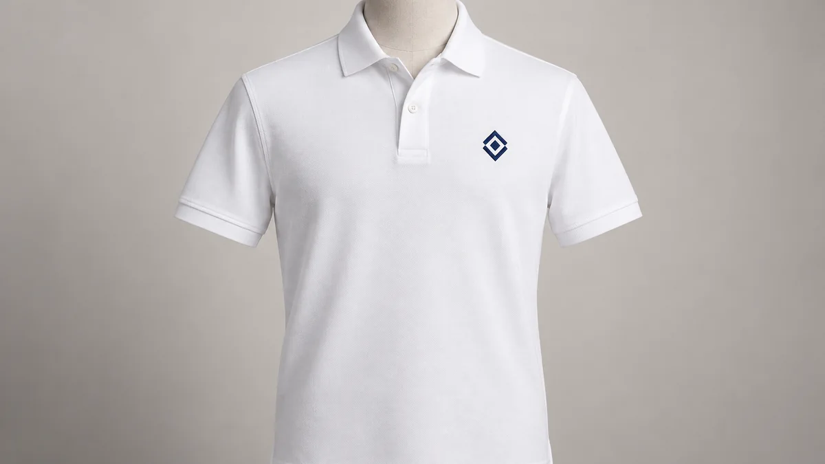 White polo shirt with contrasting navy embroidered logo