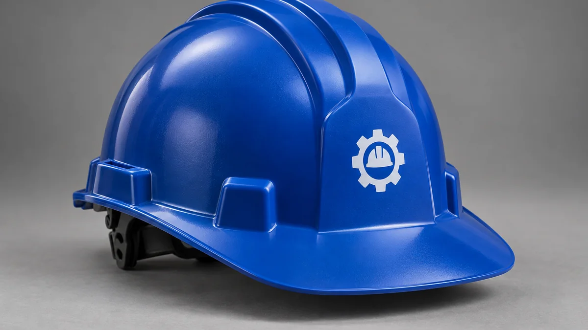 Blue safety helmet with a contrasting white logo