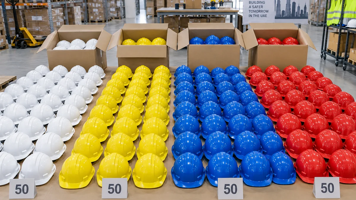 Bulk safety helmets sorted by colour for a UAE project