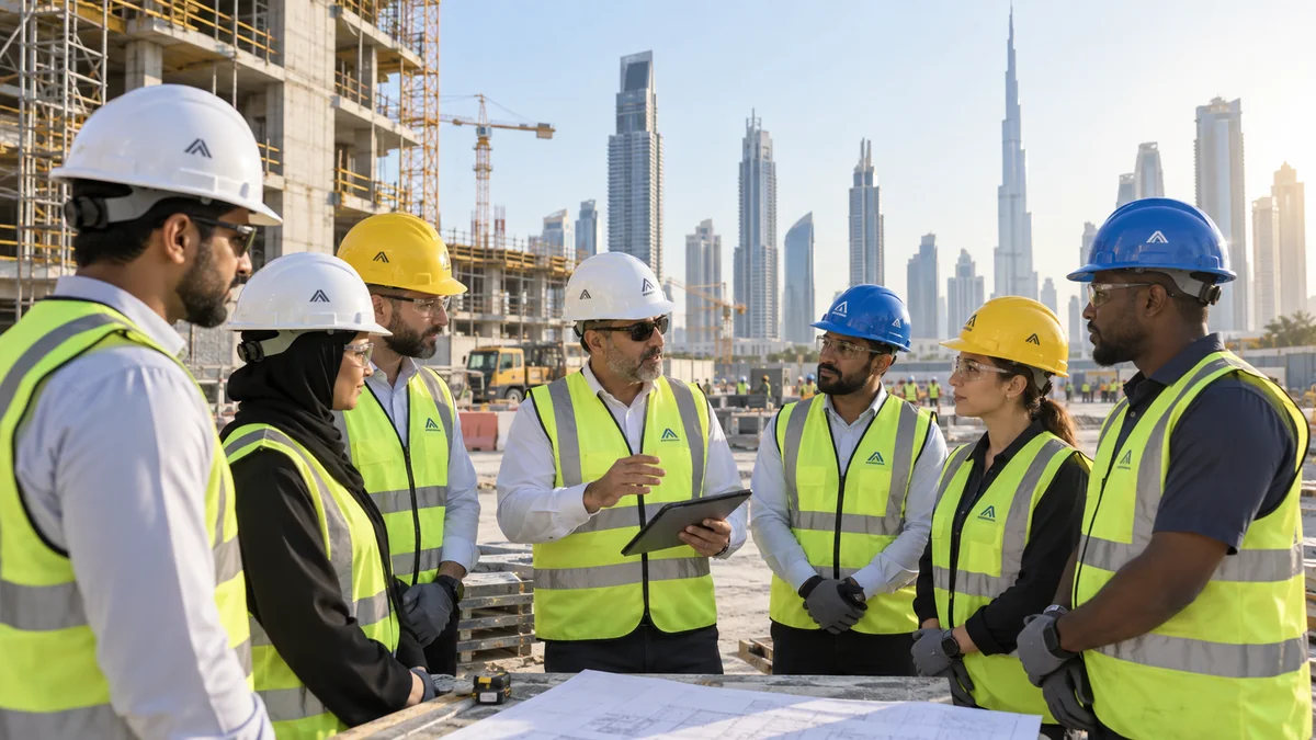 Dubai construction team wearing coordinated branded helmets