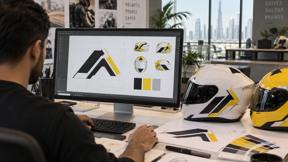 Vector logo artwork and helmet mockups prepared for printing