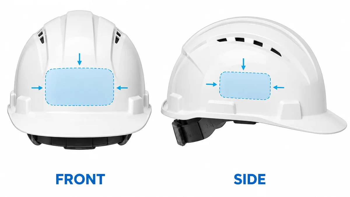 Front and side printable zones on a safety helmet