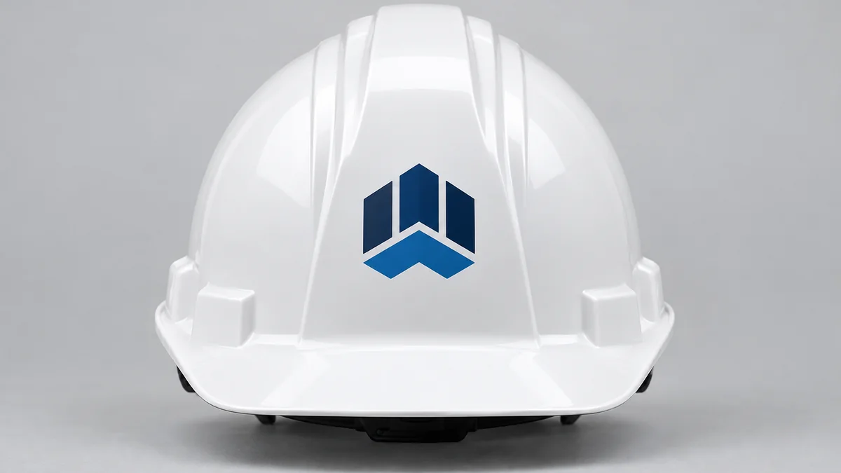 White safety helmet with a balanced front company logo