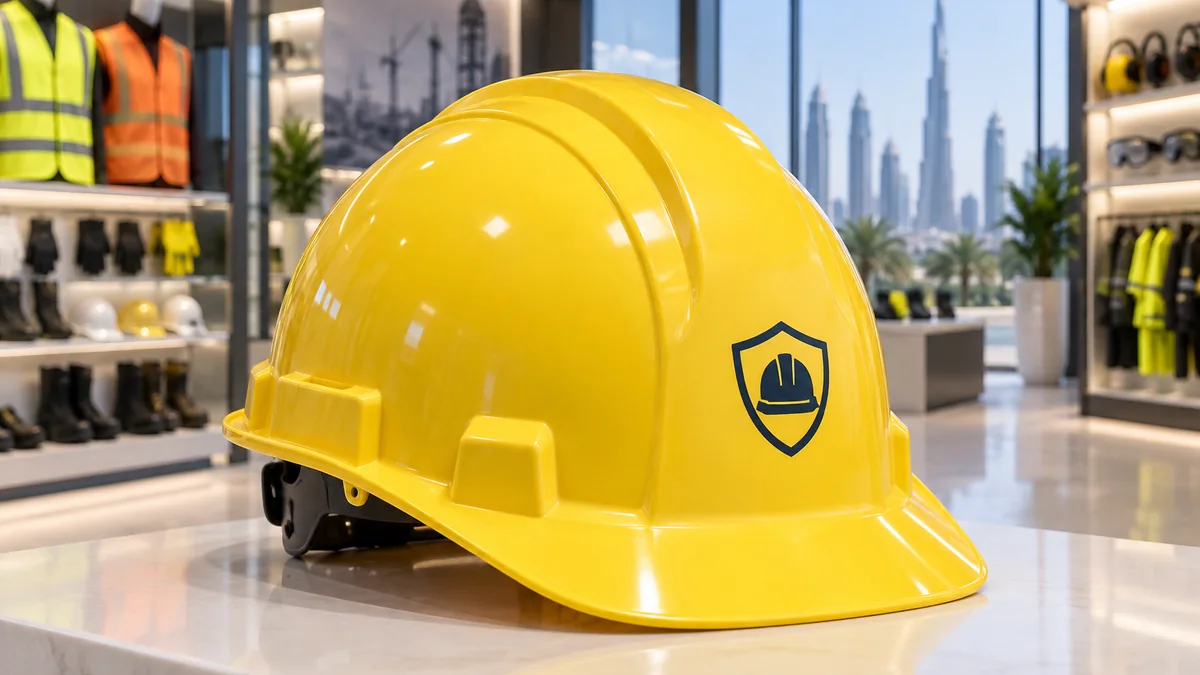 Yellow construction helmet with a high-contrast dark logo