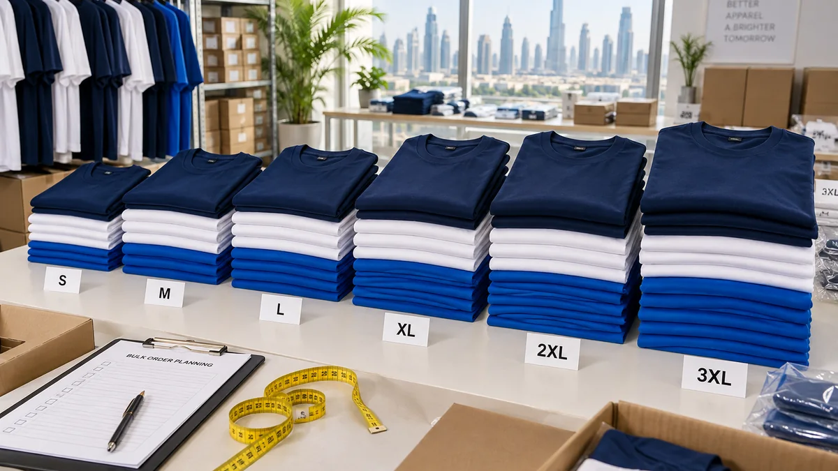 Bulk company T-shirts arranged by size for a UAE order