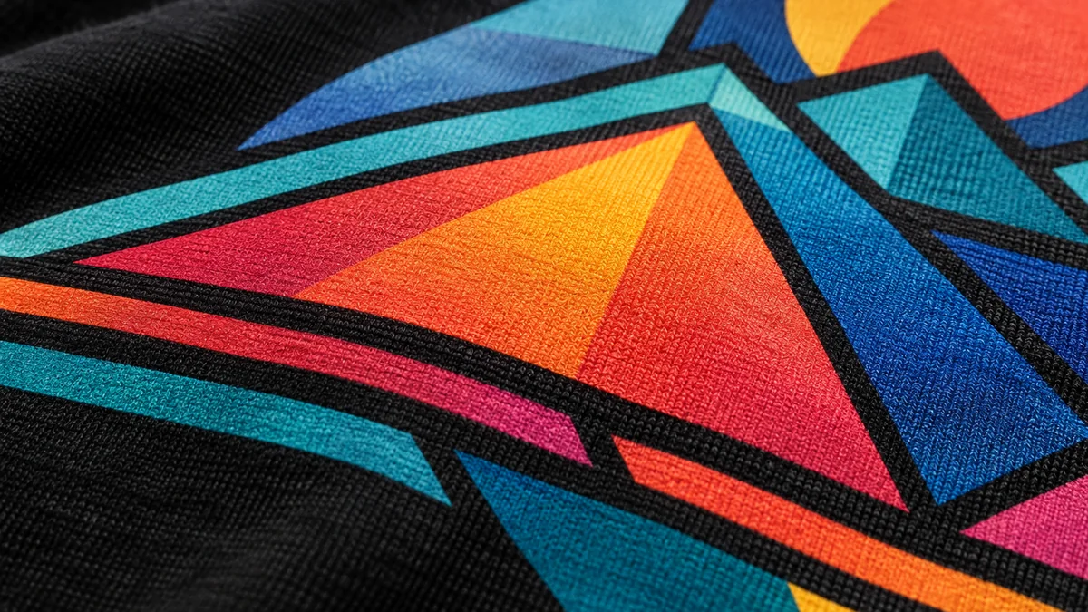 Close-up of a detailed multicolour DTF print on T-shirt fabric
