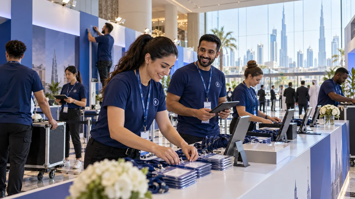 Dubai event team wearing coordinated printed T-shirts