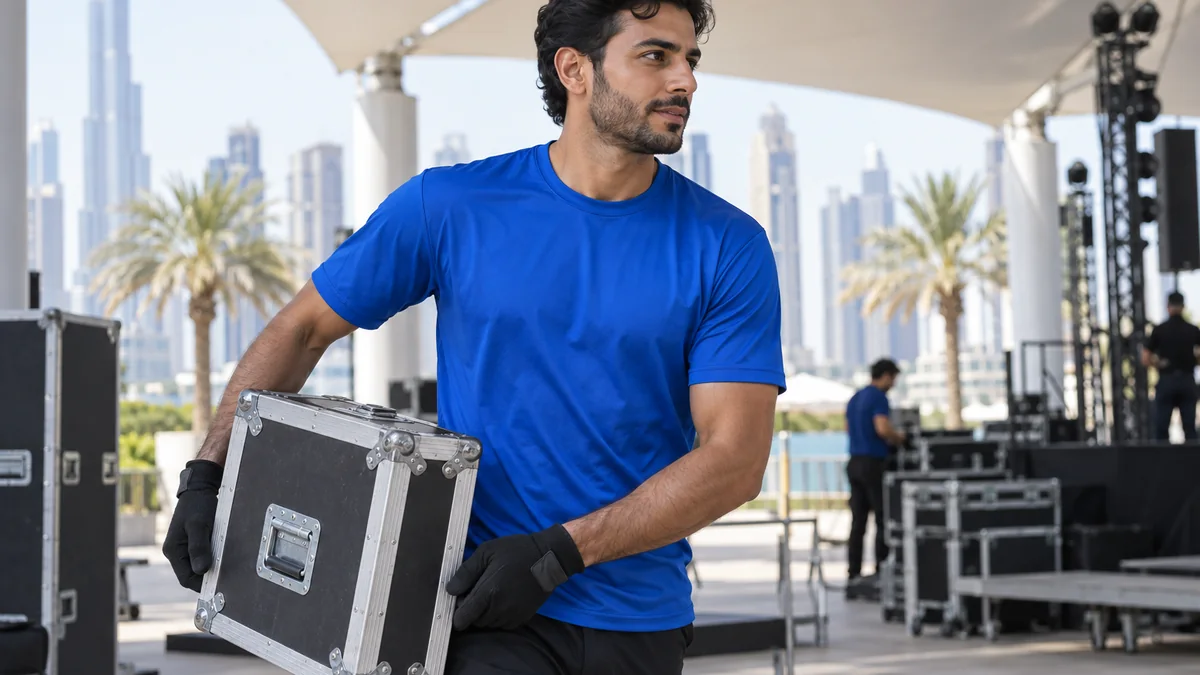 Royal blue performance T-shirt worn by active UAE event staff