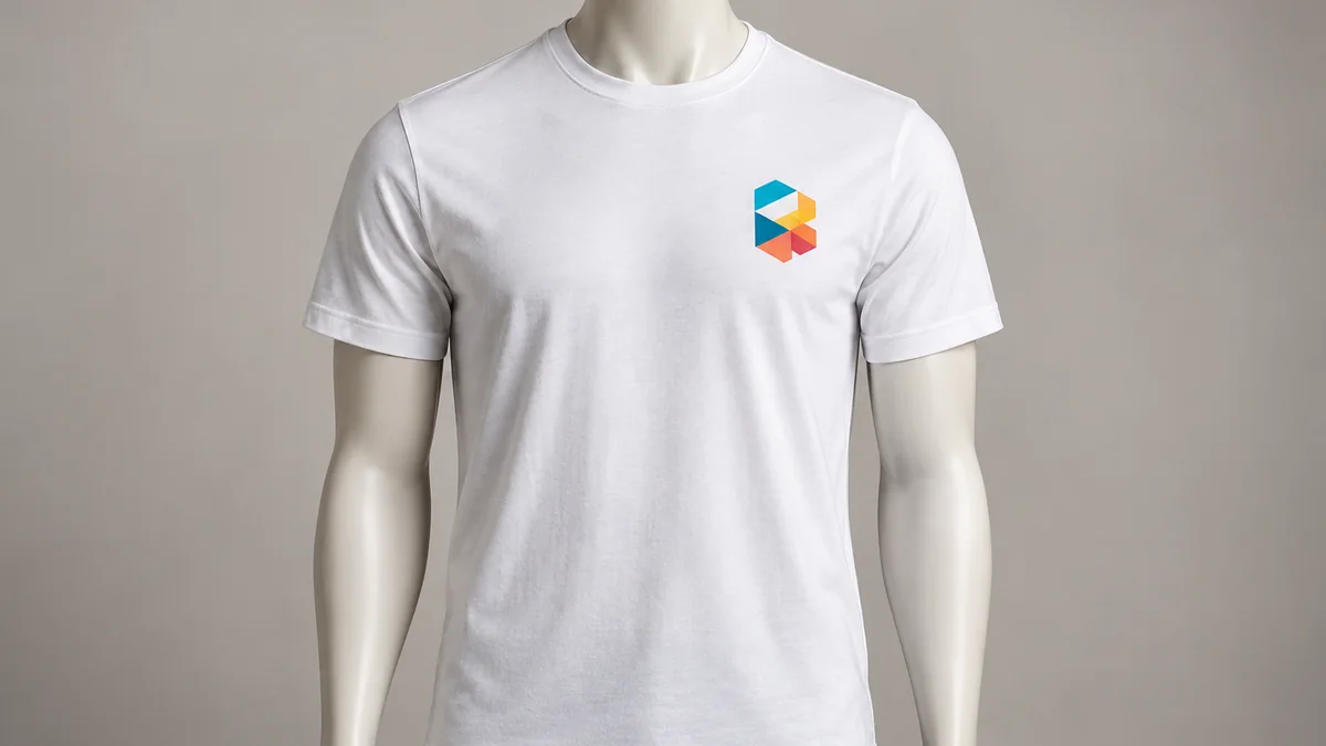 White company T-shirt with a clean multicolour logo
