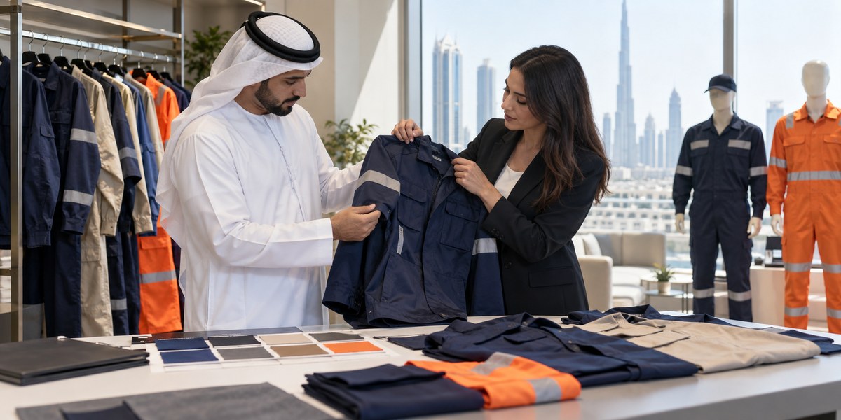 Petrol blue industrial coverall for branded UAE workwear orders