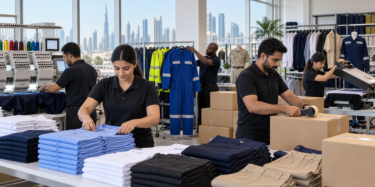 Beige lab coat workwear option for Dubai business uniforms