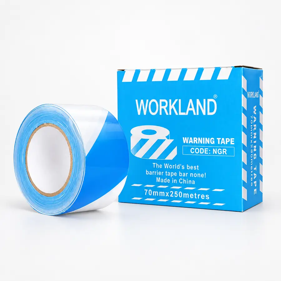 Workland, Double Side Printed Warning Tape, Size: 35 mic x 7 cm x 250 Mtrs, Blue & White Color