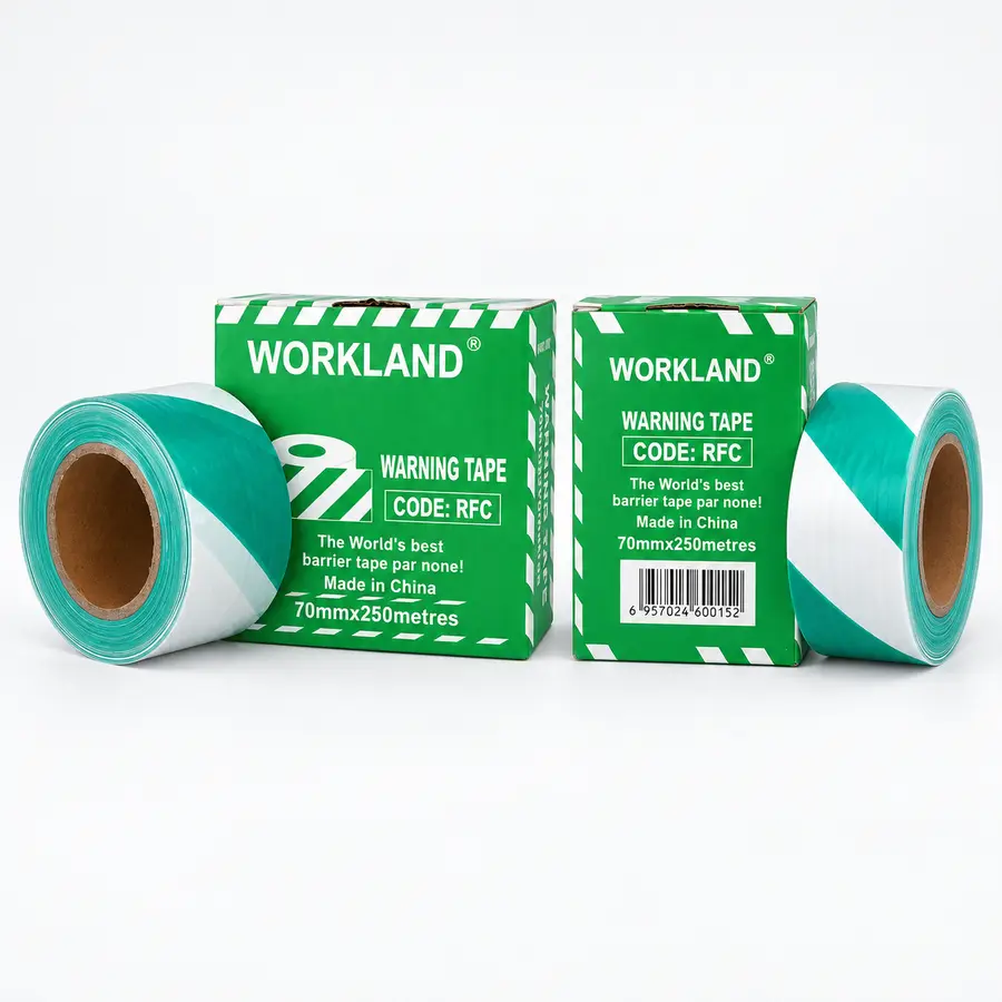 Workland, Double Side Printed Warning Tape; Size: 35 mic x 7 cm x 250 Mtrs; Green & White Color